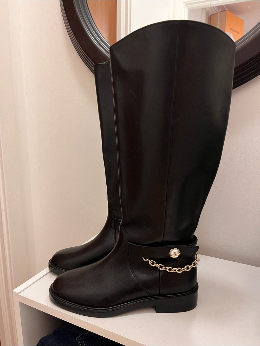 NWOT Ted Baker Black Women's Knee-High Leather Boots with Gold Chain Accent